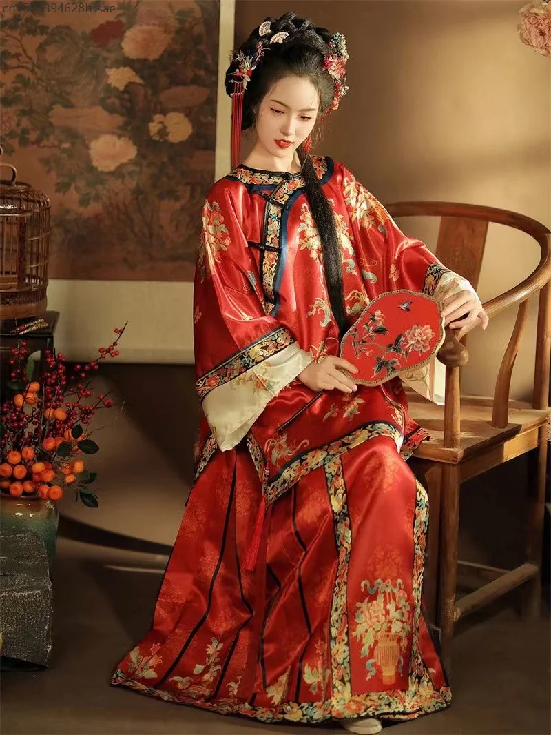 مجموعة تنورة نسائية من Qing Dynasty Hanfu كلاسيكية ذات ياقة مائلة ورقبة دائرية وطباعة هان للفتيات على طراز القصر على شكل وجه حصان #4