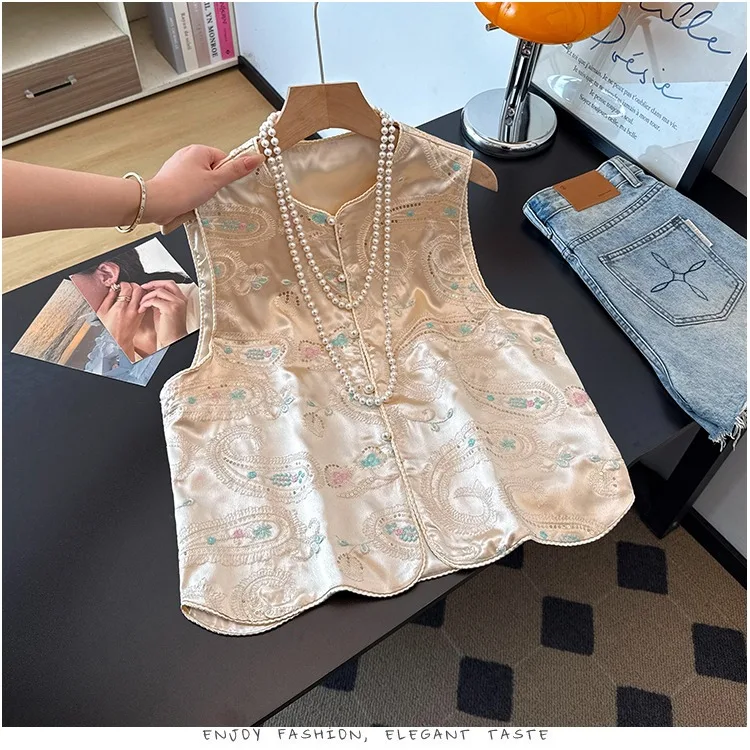 New Chinese Style Embroidered Jacket Women's round Neck Versatile Spotted Design Polyester Fiber Composite Fabric Daily Wear
