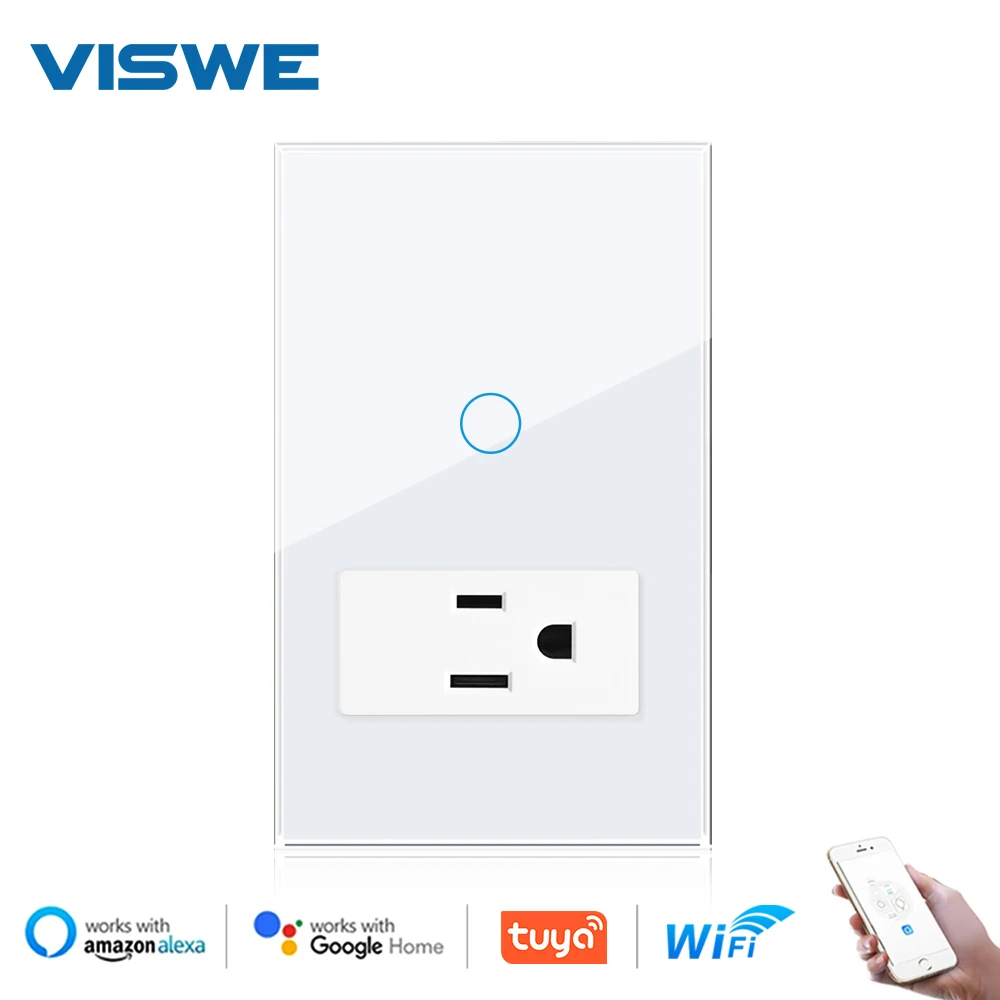 VISWE 1/2gang Wifi Touch Switches US Standard Socket, 118*72mm Tempered Glass Panel, Smart switch Work with Google Home/ alexa