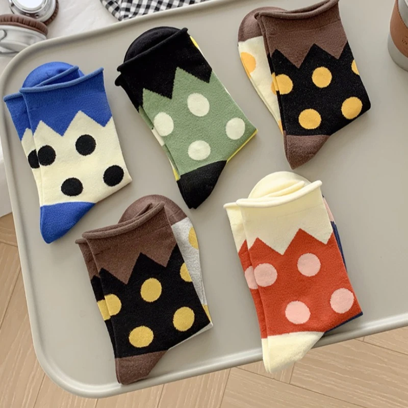 5 أزواج من الجوارب المريحة ذات اللون الحلوى، جوارب متوسطة الطول، حواف ملفوفة، نقاط مطابقة الألوان، جوارب عصرية #4