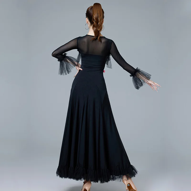 ชุดเต้นรำสีแดงมาตรฐาน ชุดแสดงบอลรูม ชุดเต้นรำแขนยาวสำหรับผู้หญิง ชุดเต้นรำวอลซ์สำหรับผู้ใหญ่ ชุดฝึกซ้อมเต้นรำ สีดำ 1468