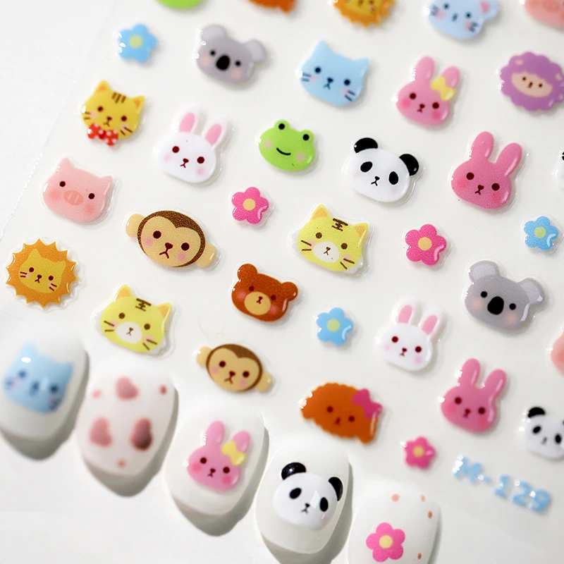 Cute Jelly Cartoon Puppy Panda Bunny Lion Tiger Dog Cat Pig Kitty Animal Flower 3D Self Adhesive Nail Art Sticker Manicure Decal