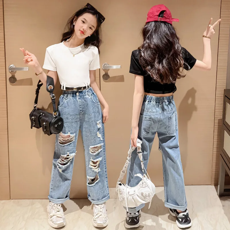 Fashion Girls Clothes Sets Summer Short Sleeve T-shirt + Ripped Jeans Pants 2PCS Children Clothing Kids Outfits Teen 6 -14 Year