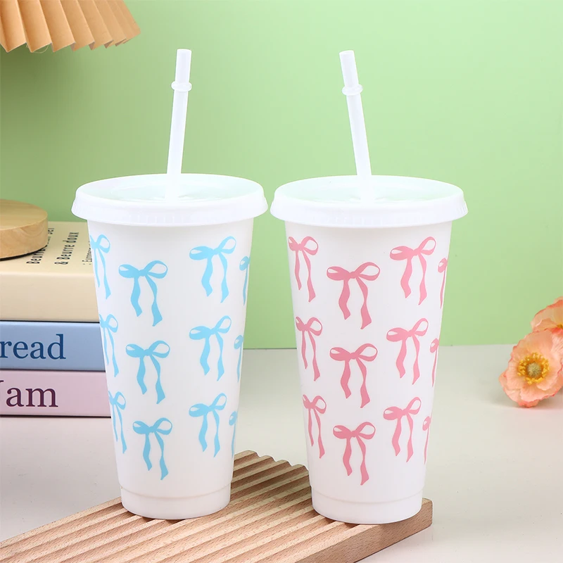 710ml Straw Lid Coffee Cup Juice Tea Cute Tumbler with Straw Plastic Cups Summer Gifts  Kawaii Bow Reusable Party Cups view 4