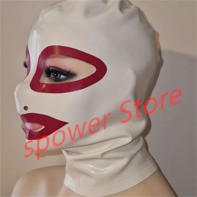 

Natural Latex Full Head Latex Hoods Rubber Mask Fetish Cosplay Costumes White with Red Trim Back Zip Club Wear