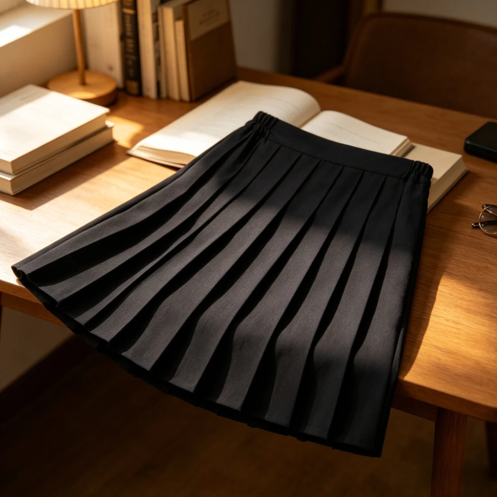 Women's Basic Japanese JK Uniform Skirt,Elastic Waist Black Pleated Skirt,Preppy College Style for Spring Daily Student Wear