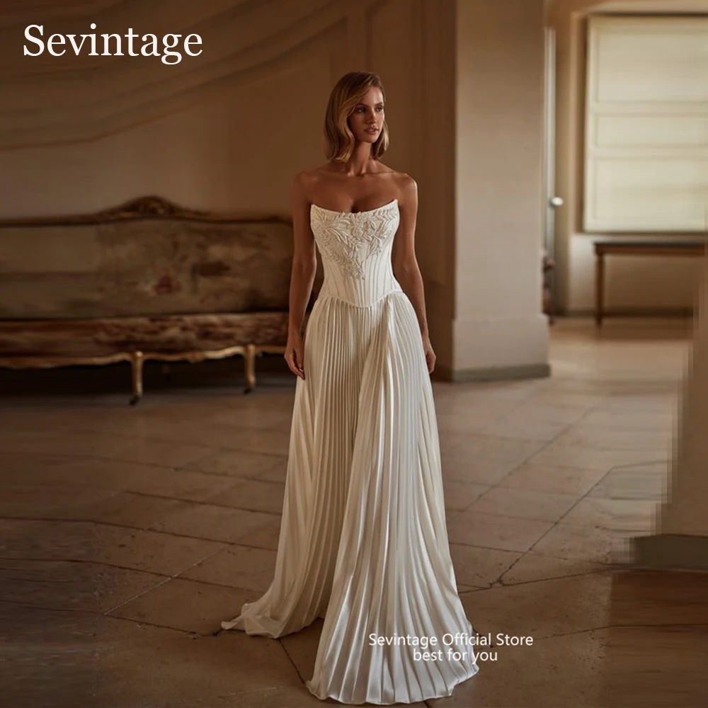 Sevintage Elegant A-Line Wedding Dresses Ruched Pleats Lace Appliques Bridal Gowns Sleevless Slit Wedding Party Dress Customized