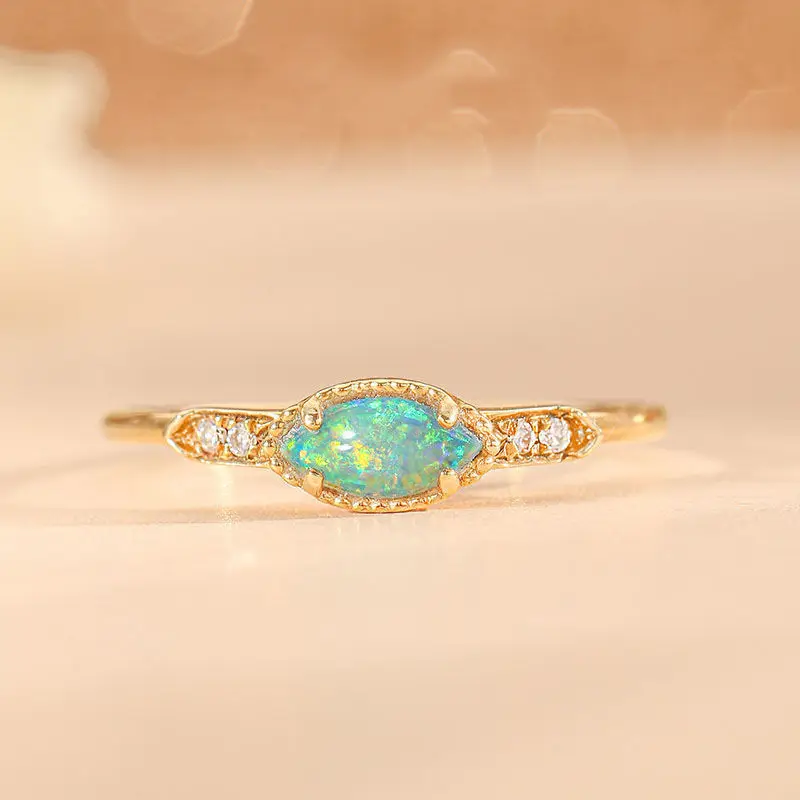 Ancient gold craftsmanship small and exquisite inlaid colorful Opal rings for women charm light luxury banquet silver jewelry