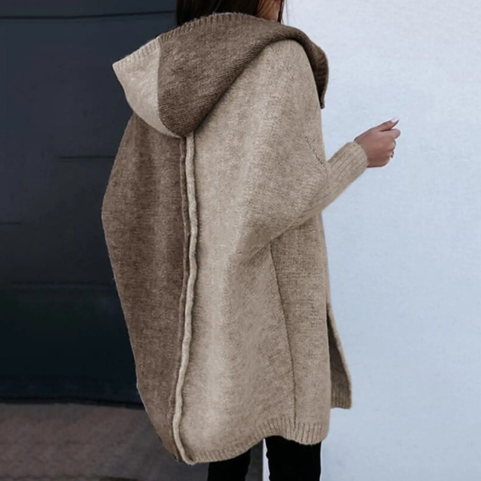 Women'S Loose Hooded Sweater Coat Front Open Long Sleeve Patchwork Color Block Autumn Spring Knit Cardigan Jackets кардиган