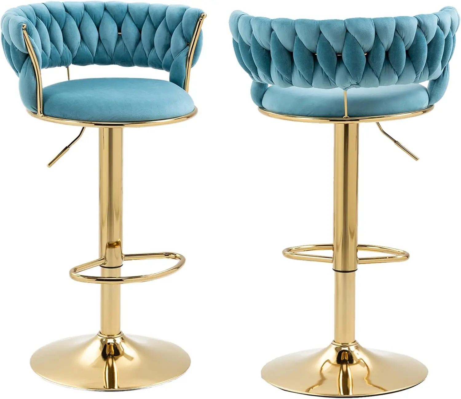 

USA 360° Velvet Swivel Bar Stools with Low Back & Footrest, Adjustable Counter Barstools, Gold Bar Stool (Set of 2, Blue)