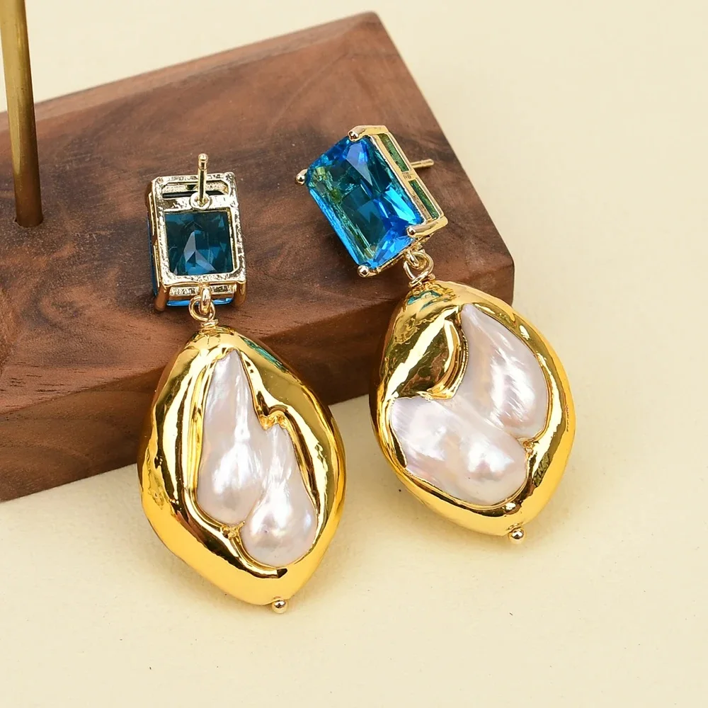 Gold Edge Plated Cultured White Baroque Pearl Mabe Pearl Blue Crystal Stud Dangle Earrings Handmade For Lady Jewelry