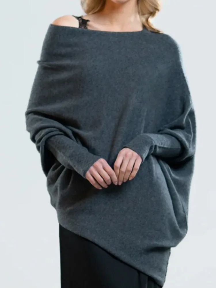 Women One Size Pullover Jumpers Solid Color Neck Pullover Knitted Female Comfortable Commuter Off Shoulder Slash Neck Sweater