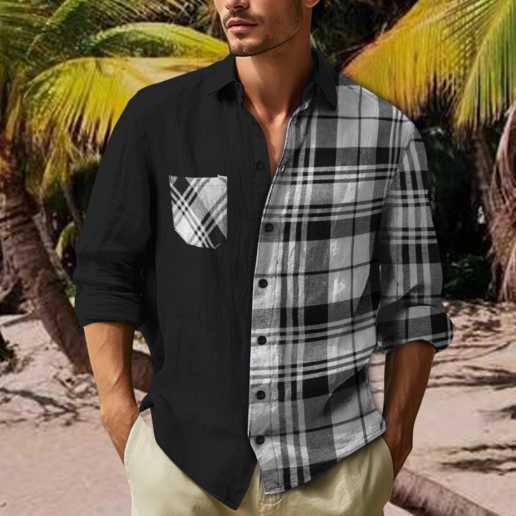 Men's 2024 Fashion benchmark lapel casual plaid patchwork pocket long sleeve shirt Street youth fashion with loose top