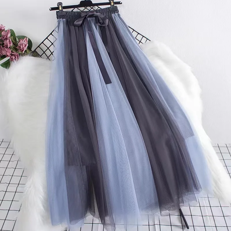 Girls Color Block Tulle Skirt Summer Bow High Waist Long A-Line Skirt Kids Flowy Fairy Pleated Bottoms Princess Summer Skirts