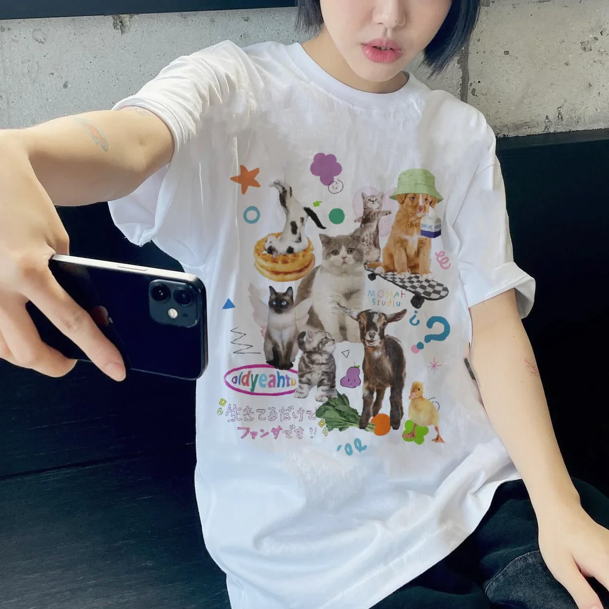 Retro Harajuku Fashion Women Shirt Cute Milk Cat Graphic T-Shirts Oversized Tee Y2k Aesthetic Cotton Female Tees Streetwear Tops