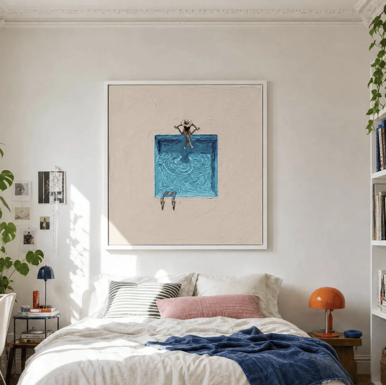 Thick Texture Swimming Pool Woman Canvas Wall Art, Minimal Summer Figure Canvas Prints, Impasto Art for Living Room Bath Decor - view 3