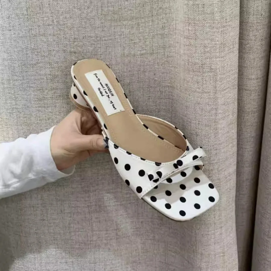 Romantic Polka Dot Bow Sandals For Women Block Heel Open Toe Party Shoes Woman Summer Square Toe Heels Slides Sandal Lady Mules