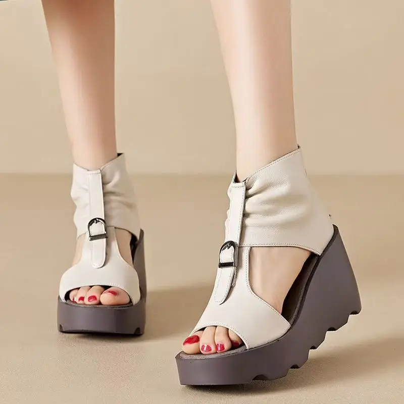 Women's Genuine Leather Wedges Peep Toe Cool Boots Summer New Thick Sole Hollow Out Fashionable High Top Sandals High Heel Boots