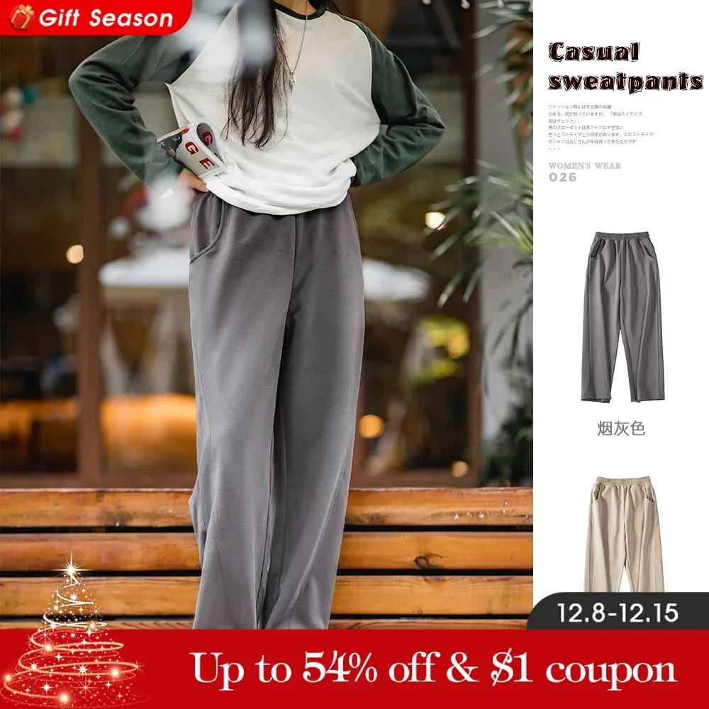 MADEN Women Gray Wide Leg Sweatpants 2024 New Autumn Loose-fit Causal Pants Solid Color Elastic Waist Versatile Trousers