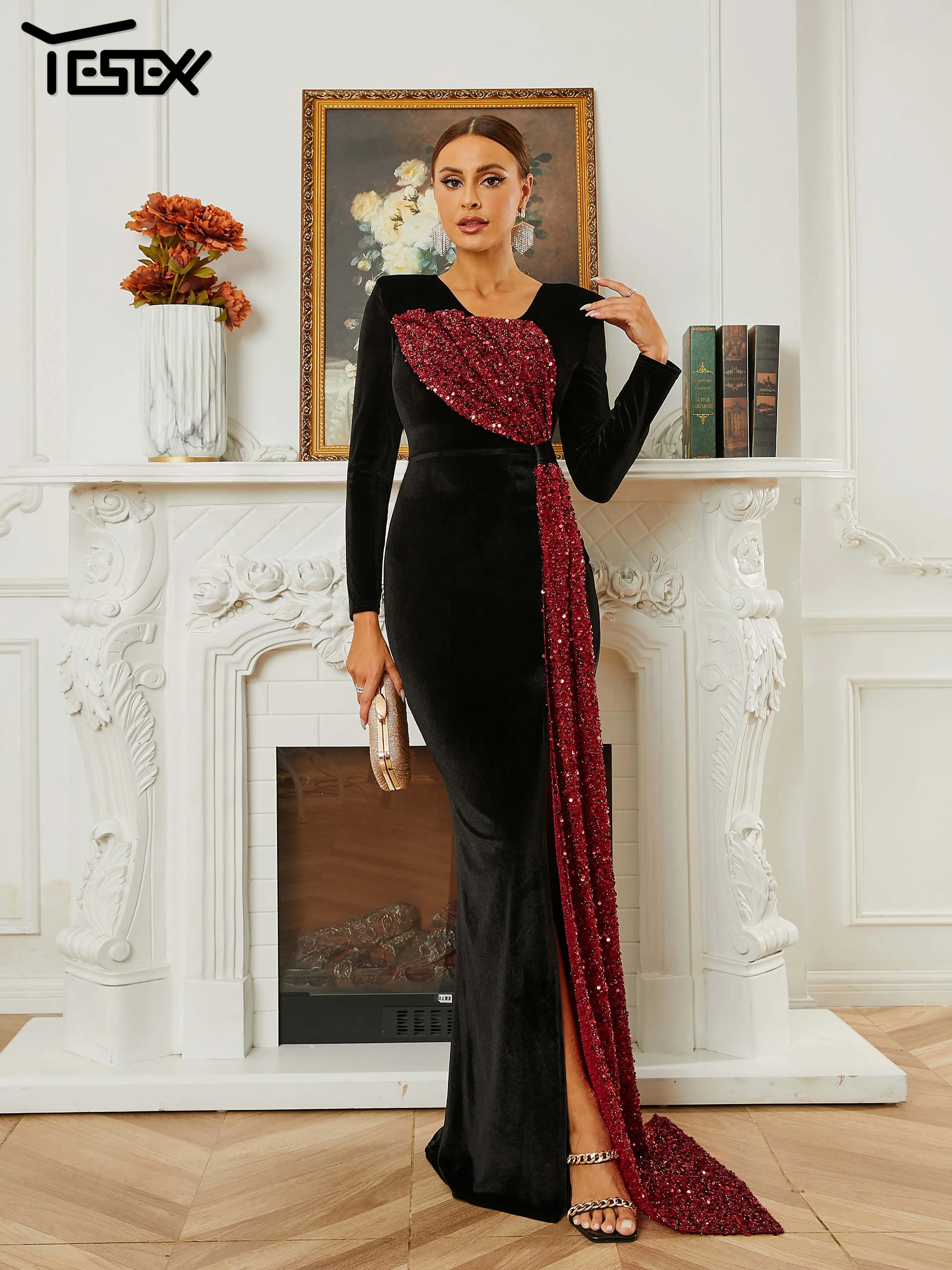 Yesexy Chic Elegant Woman Dress Formal Draped Velvet Black Split Evening Cocktail Prom Dress