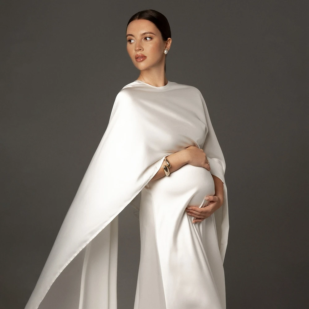 White Cape Maternity Photography Dresses Satin Round Neck Pregnancy Gown Cloak Train Pregnant Women Studio Posing Clothing