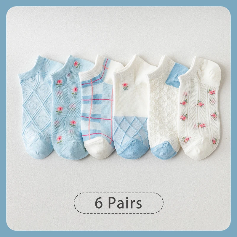 6 Pairs of Women Is Summer soft Thin Short Socks Sweet Cute Breathable Mesh Comfortable and Small Floral Fragments