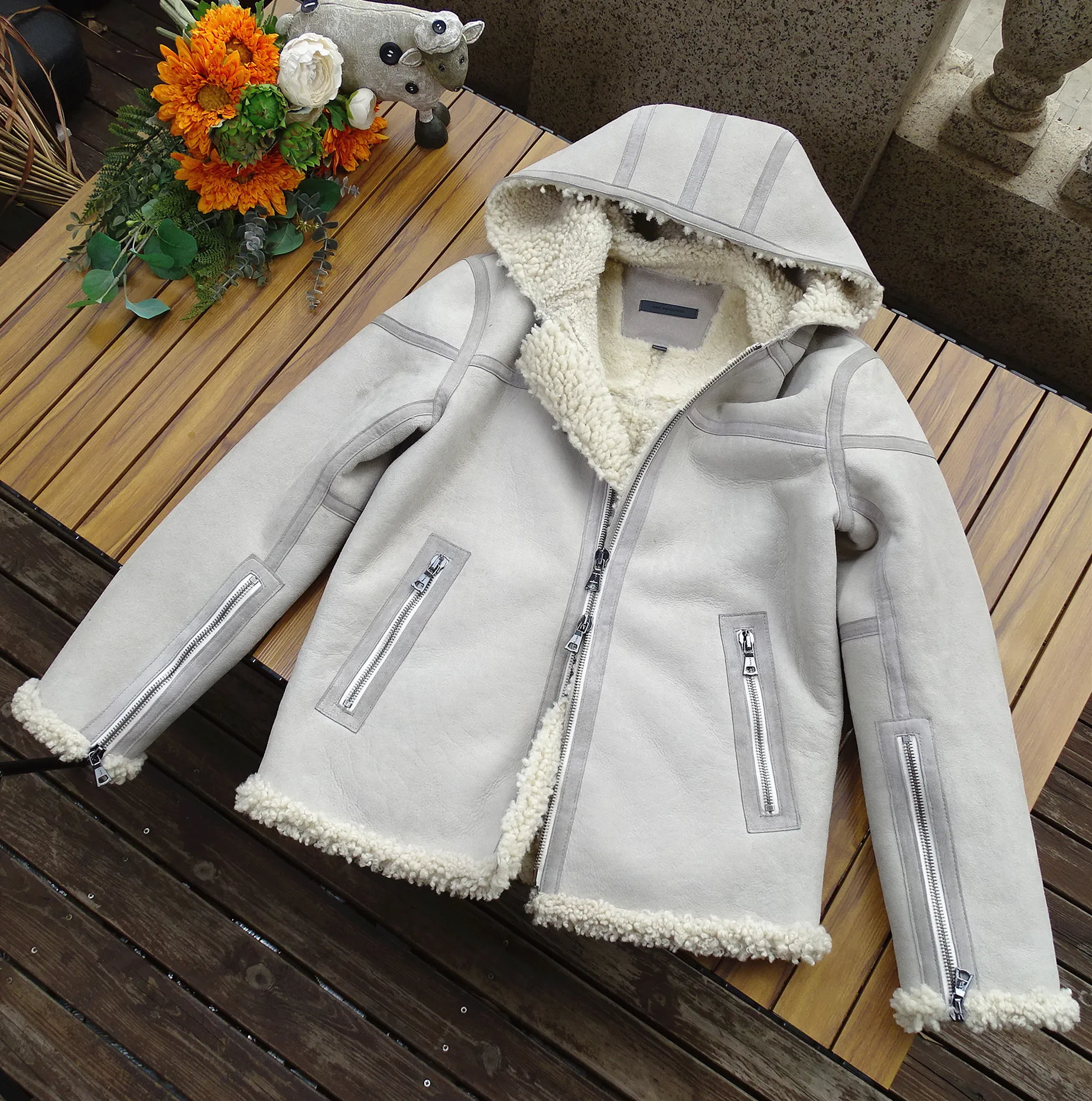 Turkey import raw Rice gray white sheep fur hooded style