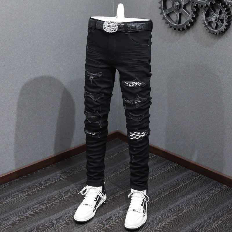 

High street fashion new men's jeans washed with ripped holes, stretchy slim fit black jeans, hip-hop brand designer spliced pant