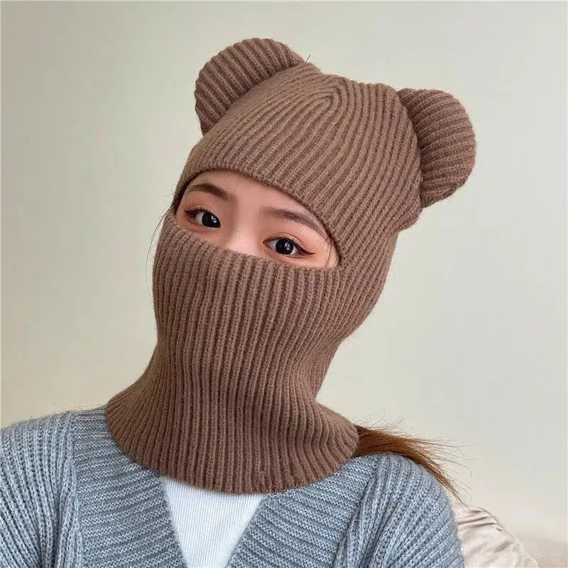 Winter Cute Warm Full Face Mask Balaclava Knit Bear Ears Beanie Hat Women Men Windproof Ski Skullies Cap