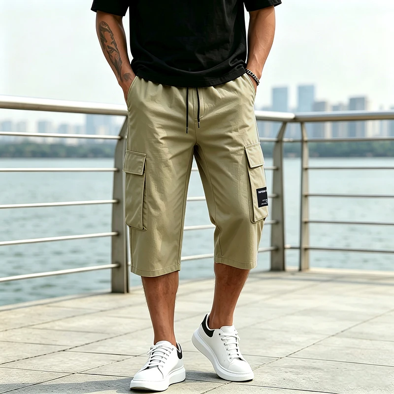 Men 7/8 Length Cargo Capri Pants Drawstring Elastic Waist Large Capacity Flap Side Cargo Pockets Daily Outdoor Casual Trousers
