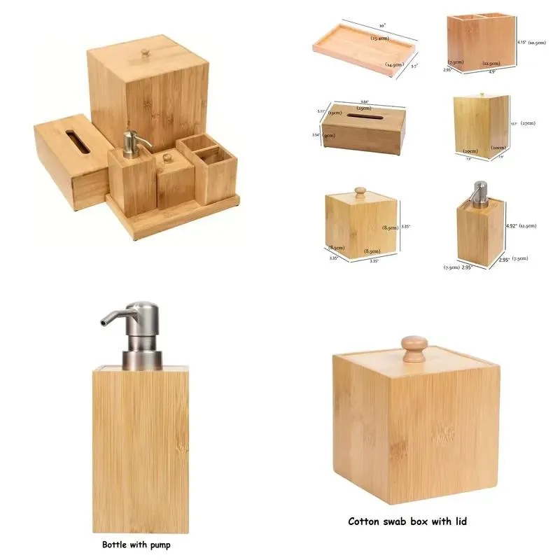 for Soap dispenser, cotton swab box, toothbrush holder, tissue holder, garbage basket tray 6-piece bamboo bathroom set