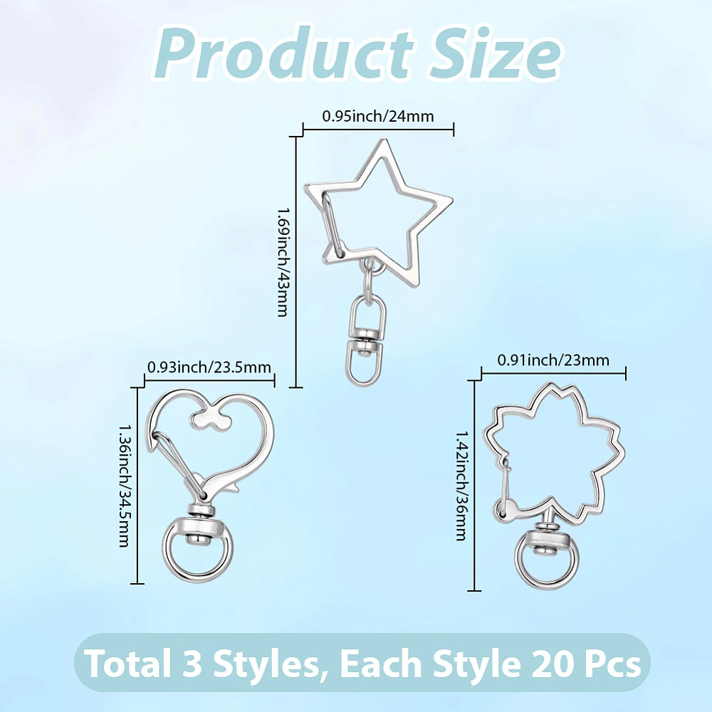 60Pcs 3 Styles Swivel Snap Hooks Metal Star Heart Flower Shaped Keychains Spring Lobster Clasp Clip for Jewelry Making Bag Tag