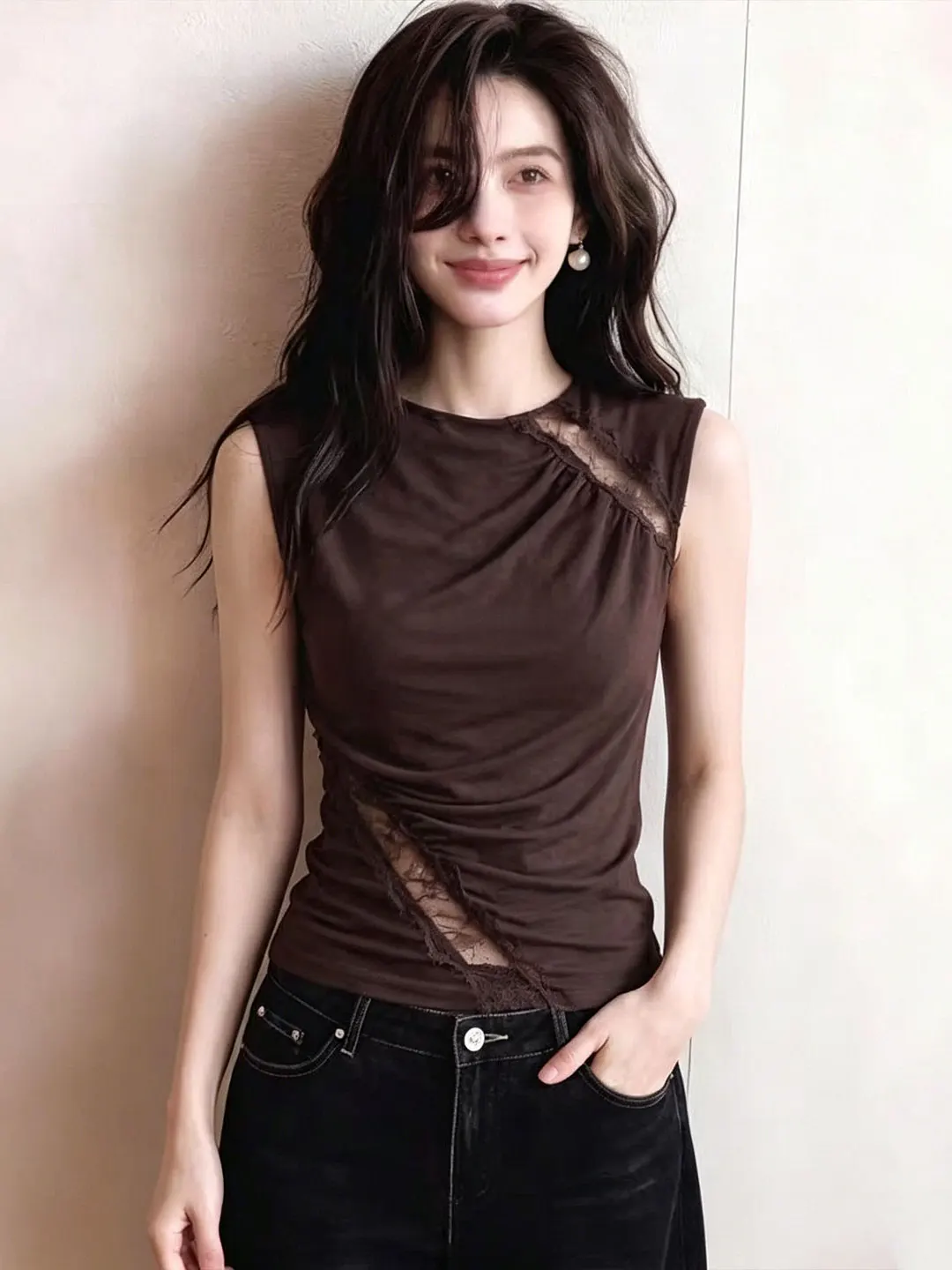 

Fashionable Lace Patchwork Vest Women's Slim Fit Sleeveless Top round Neck Casual Summer Outerwear Poetic Lin SYLKL051502