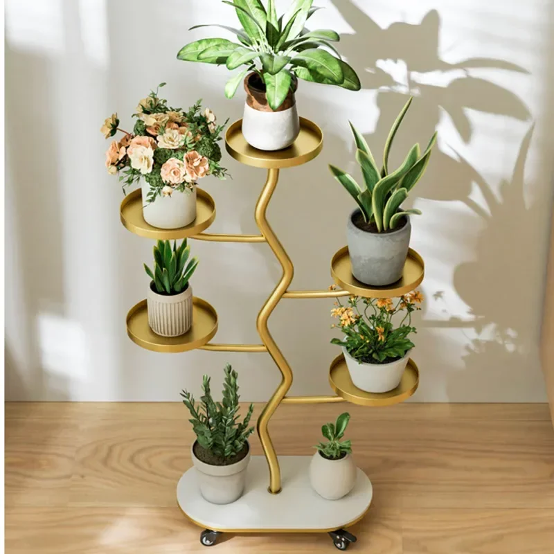 Suporte leve de luxo para flores, prateleiras de plantas multicamadas, prateleira de armazenamento móvel universal para sala de estar