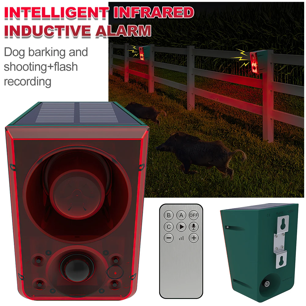 Solar Powered Animal Repeller Infrared Motion Sensor Detector Alarm Light with 129db Dog Barking for Home Yard Outdoor Security