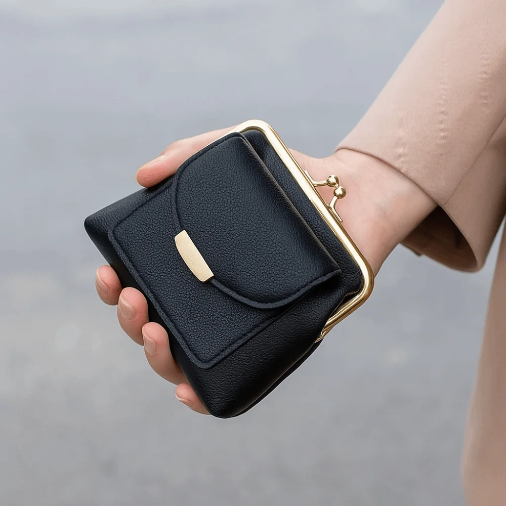 Lychee Pattern Mini Lock Clip Coin Purse Keys/Lipsticks/Earphone Storage Kiss Lock Leather Wallet Solid Color Portable