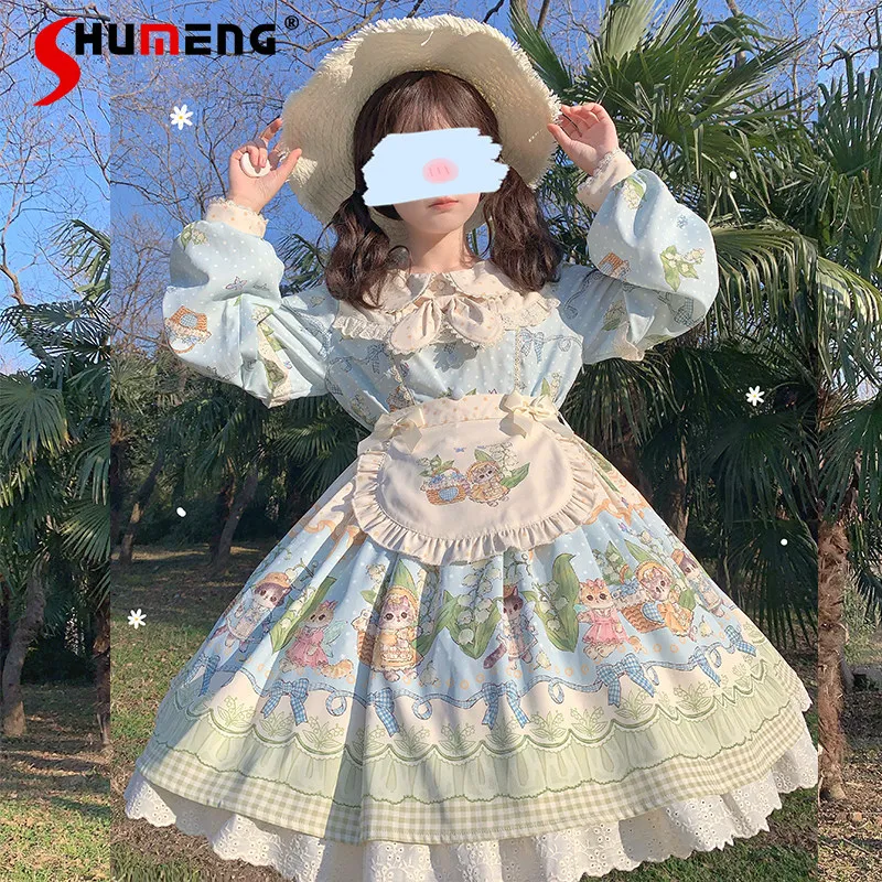 

Original Japanese Style Sweet Cute Girl Cartoon Cat Print Dresses Doll Collar Long Sleeve Kawaii Princess Lolita Dress for Women