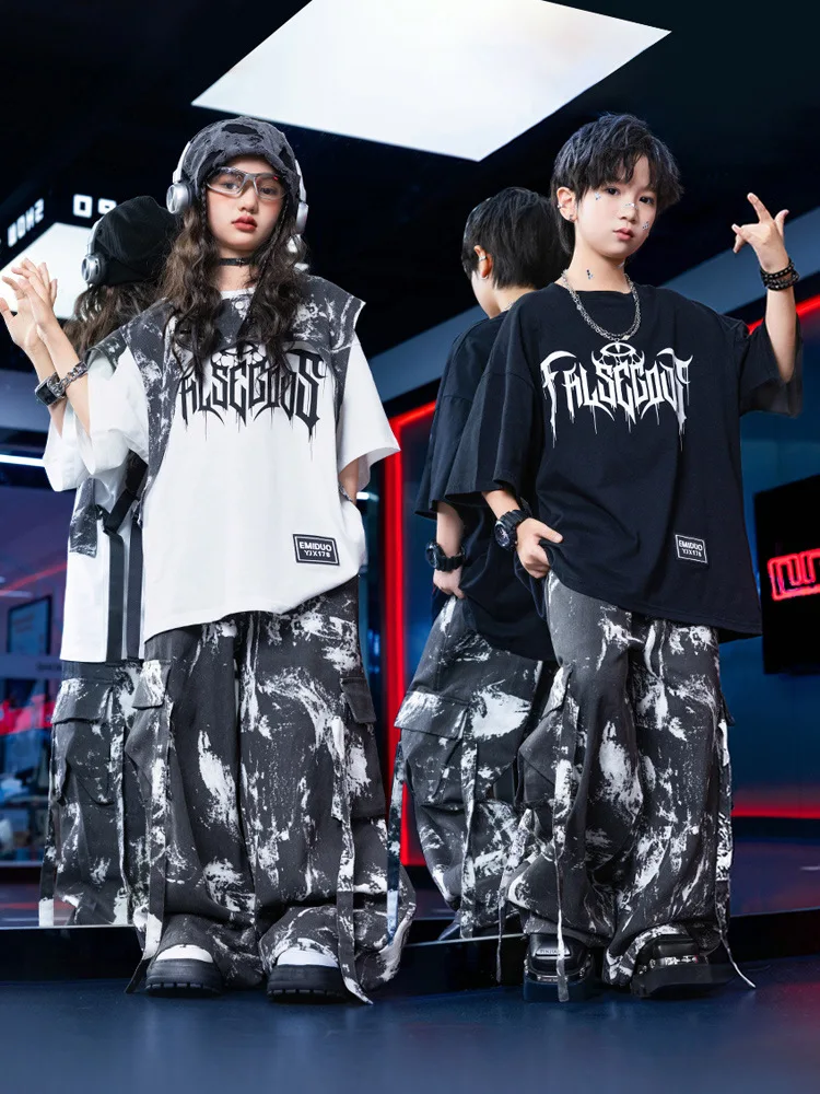 

Kid Kpop Hip Hop Clothing Black White T Shirt Gray Tie Dye Crop Vest Strap Casual Cargo Pants for Girl Boy Dance Costume Clothes