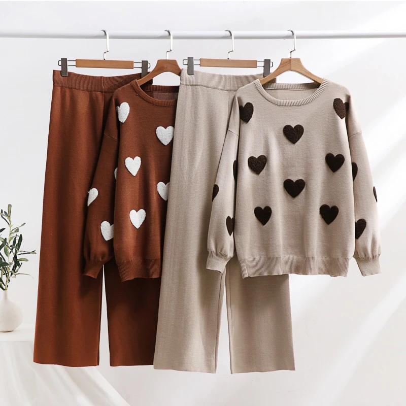 Elegant 2 Piece Knit Pants Set Women Love Heart Knitted Sweatshirt Matching Sets Casual Knitted Two Piece Sets Women Winter 2024