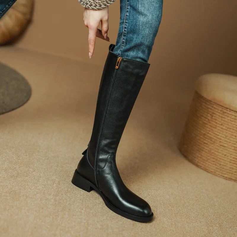 2023 Womens Boots Genuine Leather Knee High Boots for Women Thick Heeled Autumn Winter Warm Shoes Woman High Motorcycle Boots