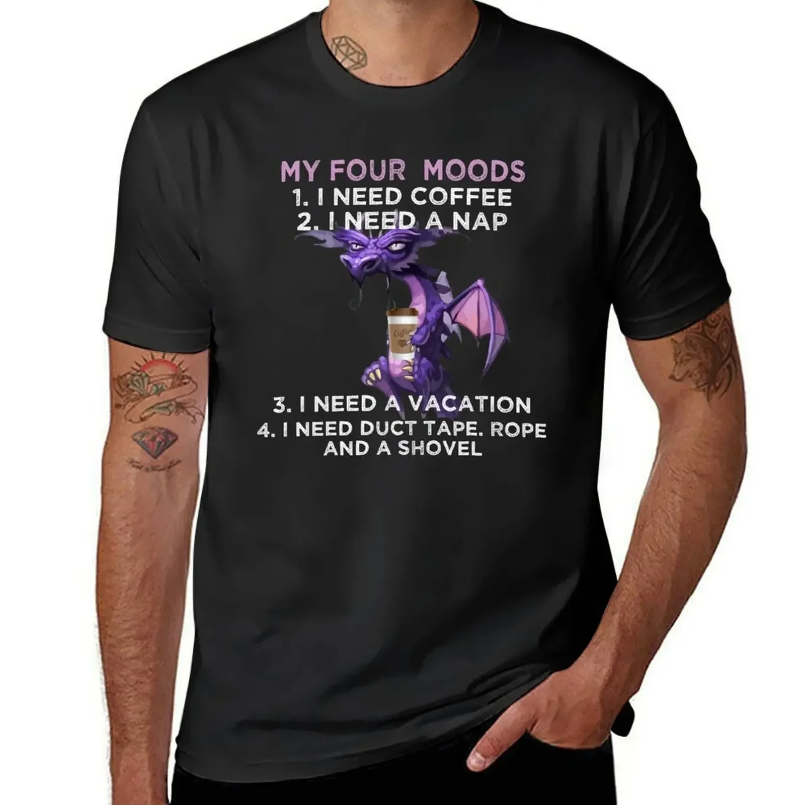 My four moods I need coffee i a nap a vacation duct tape rope and a shovel T-Shirt anime clothes workout shirts for men