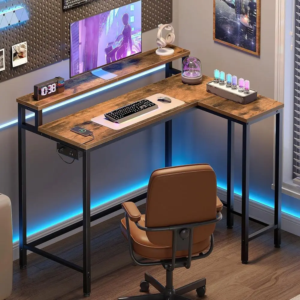 

Угловой компьютерный стол с розетками, игровой стол с подставкой для монитора, двусторонний стол для дома или кабинета, игровой комнаты, гостиной