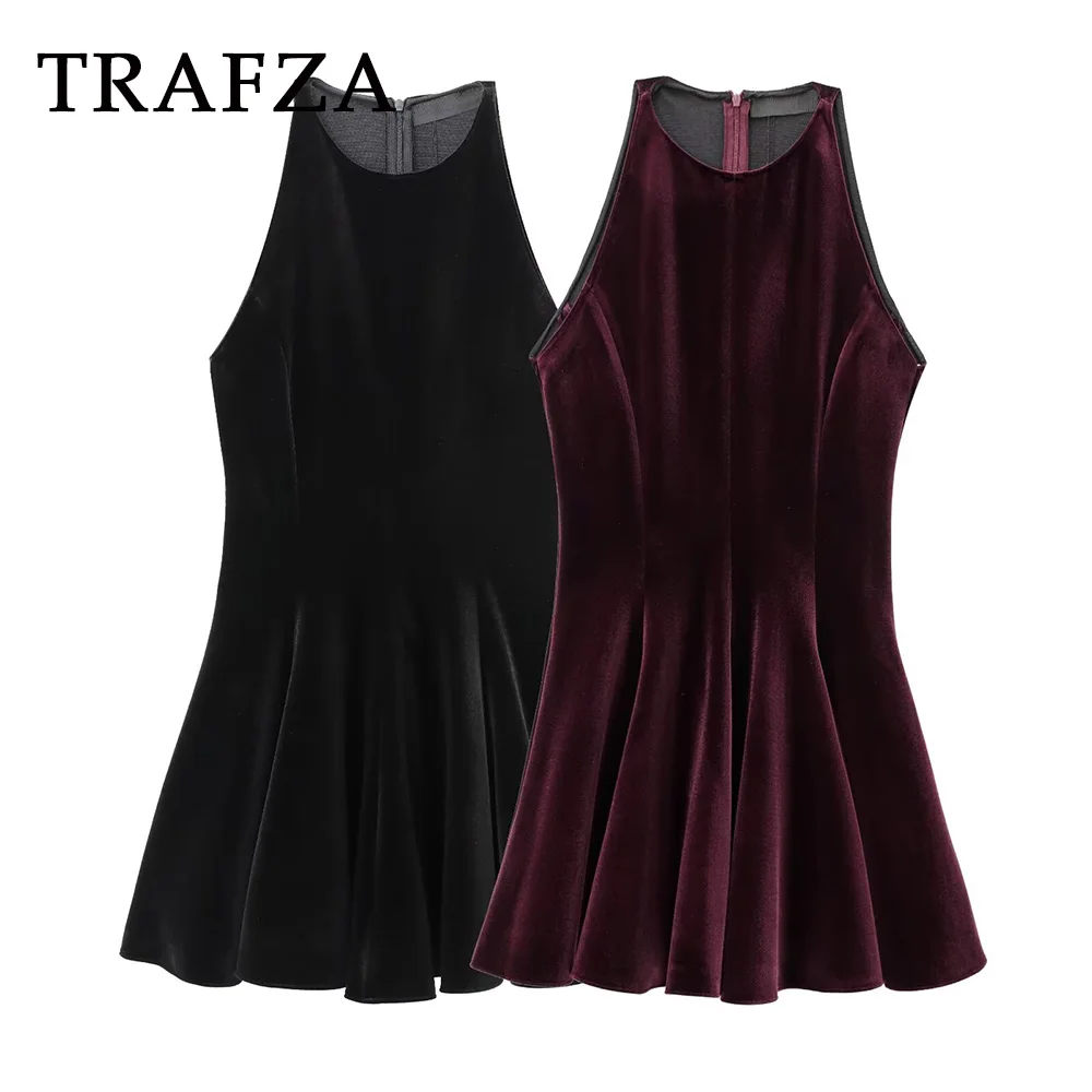 TRAFZA Chic Winered Vintage Sheath A Line Velvet Women Dress Fashion 2024 Pleated Night Party Mini Dress Tank Luxury Vestido