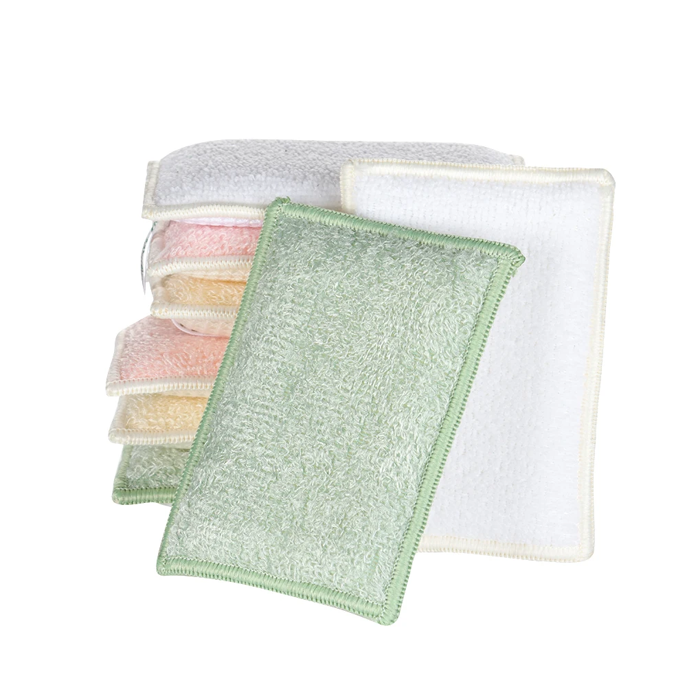 3pcs/set Bamboo Fiber Sponge Dishwashing Rag Scouring Pad Reusable Oil-free Double-sided Household Brush Cleaning Tool Kitchen