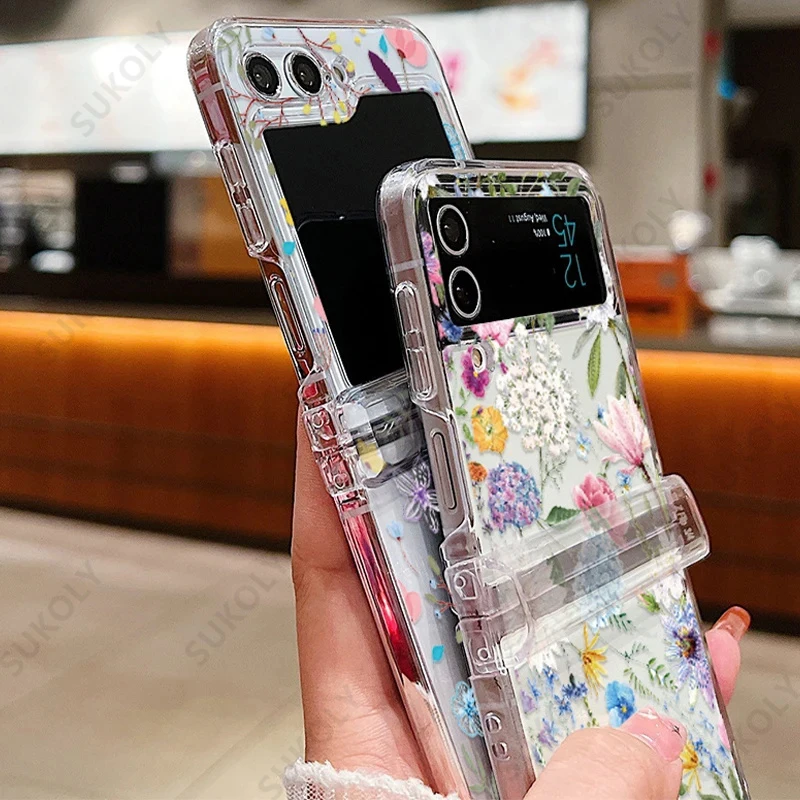 Funda de teléfono plegable transparente Floral para Samsung Galaxy Z Flip 6 5 4 3, funda trasera dura para Samsung Galaxy Z Flip6 Flip5 Flip4