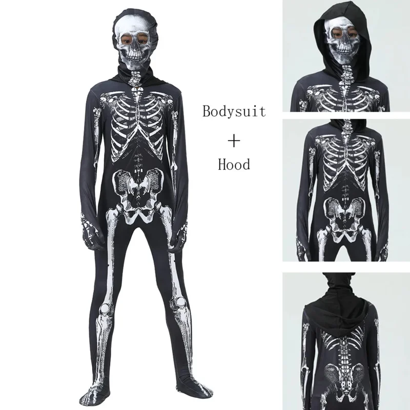 2023 Scary Zombie Costumes Mr Bone Kids Skeleton Costumes Cosplay Purim Halloween Costumes Front and Back Skeleton Bone Printing