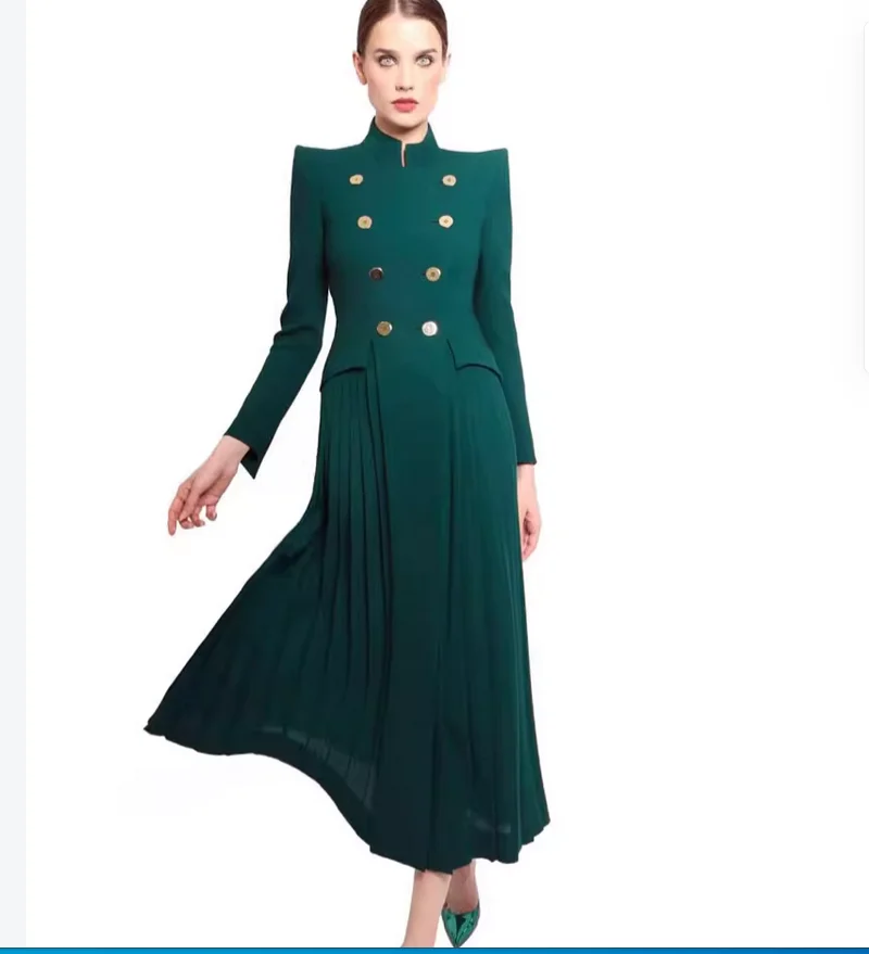 

Spring European style design double breasted green long jacket pleated dress