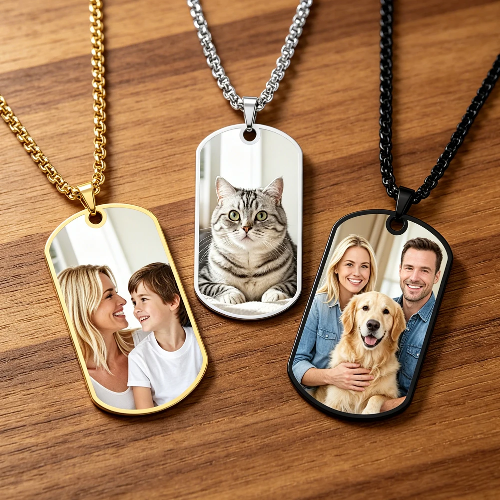 Personalisierte Foto-Halskette aus Edelstahl, Ein- oder Doppelseitiger Individueller Bildanhänger, Familien-Erinnerungsstück, Trendiges Geschenk