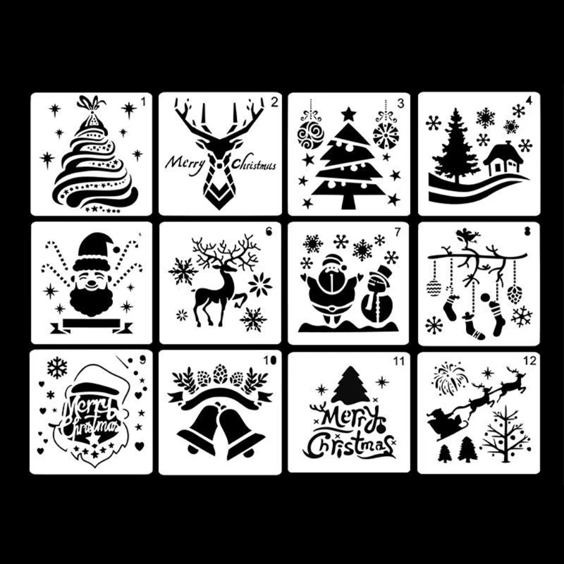 12 stuks kerststencils kunststof tekensjablonen voor thuisschoolfeestdecors