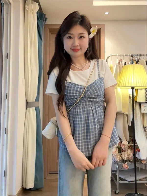 เสื้อยืดลายสก็อตสำหรับผู้หญิงไซส์ใหญ่ สไตล์เกาหลี แฟชั่นลำลอง ใส่ทำงานได้ ดีไซน์สองชิ้นหลอกๆ คอกลม ทรงปกติ